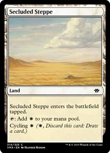 Secluded Steppe
 Secluded Steppe enters the battlefield tapped.
{T}: Add {W}.
Cycling {W} ({W}, Discard this card: Draw a card.)